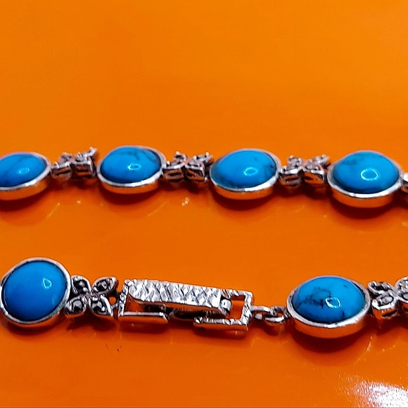 Stabilized Natural Turquoise 8mm & Marcasite 925 Sterling Silver Bracelet 7" - Picture 4 of 10